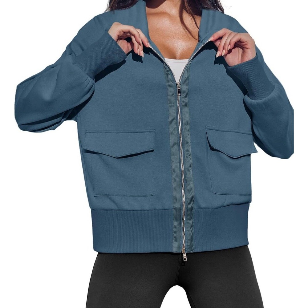 Women's‎ Zip up Sweatshirt Collared Neck Long Sleeve Jacket with Pockets Sz M